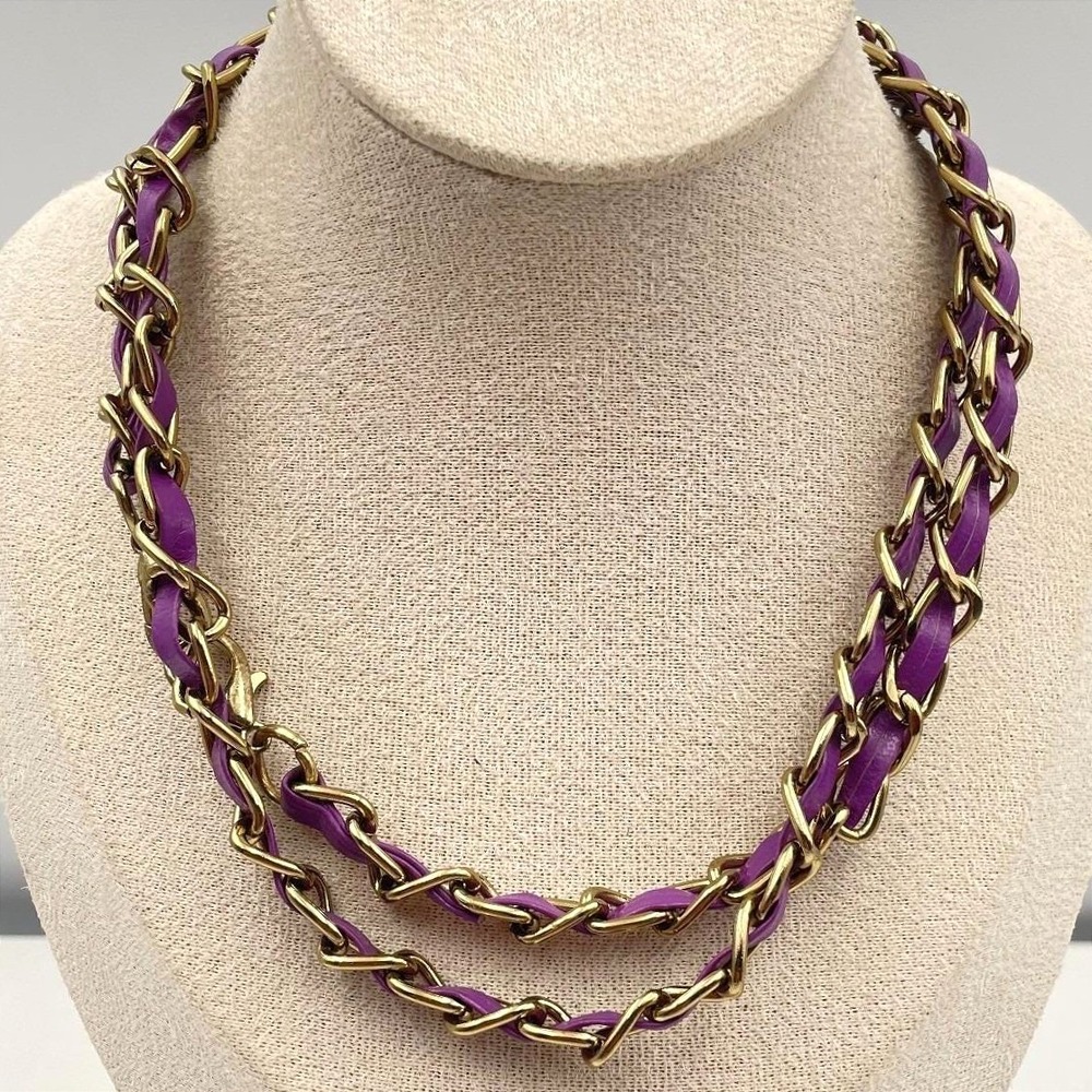 Vintage Y2K Gold Tone Purple Faux Leather Double Strand Boho Necklace Statement